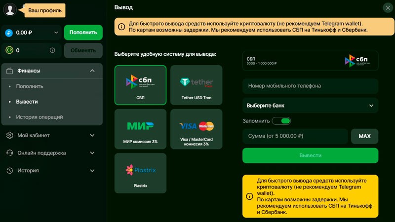 Интерфейс окна для вывода денег через СБП
